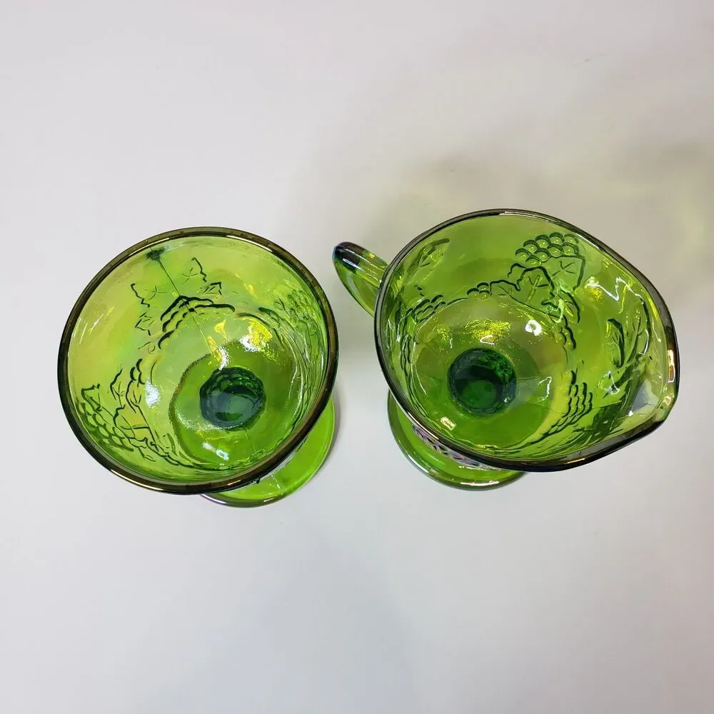 Vintage Indiana Glass Harvest Grape Lime Green Carnival Creamer & Sugar Set